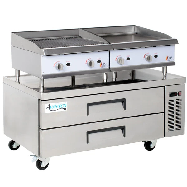 Cooking Performance Group 24GMCLBNL 24 inch Gas Griddle and Gas Lava Briquette Charbroiler with 52 inch, 2 Drawer Refrigerated Chef Base - 140,000 BTU