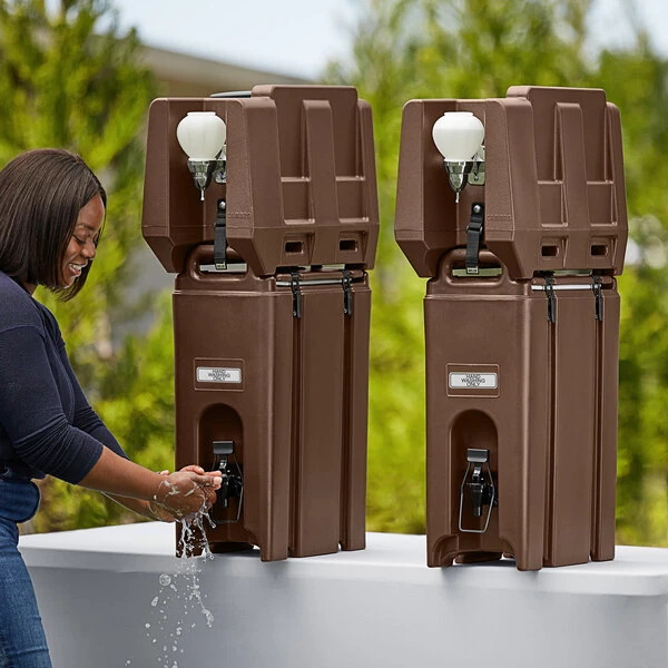 Cambro 4.75 Gallon Dark Brown Portable Handwash Station with Soap and Roll Paper Towel Dispenser