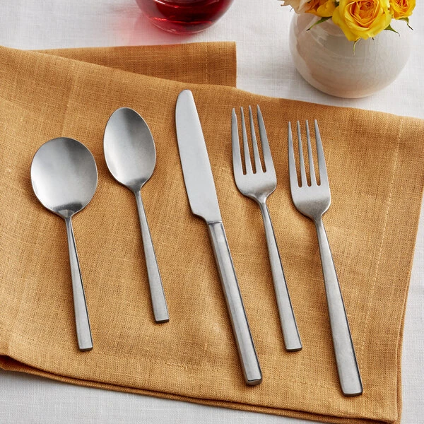Acopa Petra 18/8 Distressed Stainless Steel Extra Heavy Weight Flatware 5-Piece Set - Sample