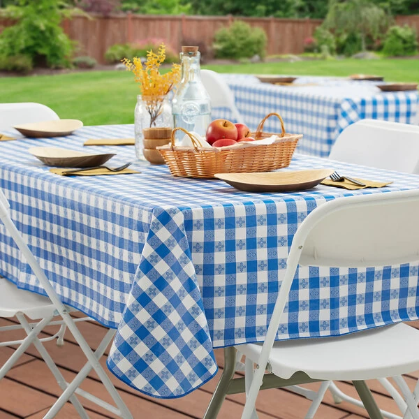 Choice 52" x 70" Royal Blue Textured Gingham Vinyl Table Cover with Flannel Back
