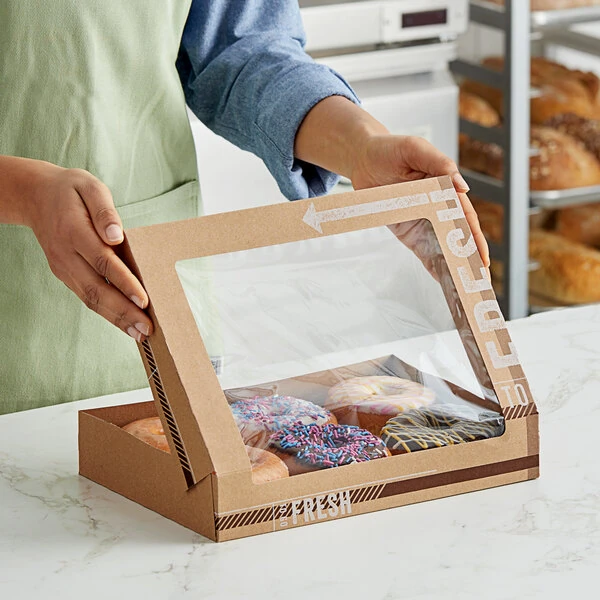 Inno-Pak To Go Fresh 11 1/2" x 8" x 2" Kraft Auto-Popup Window Donut / Bakery Box - 150/Case