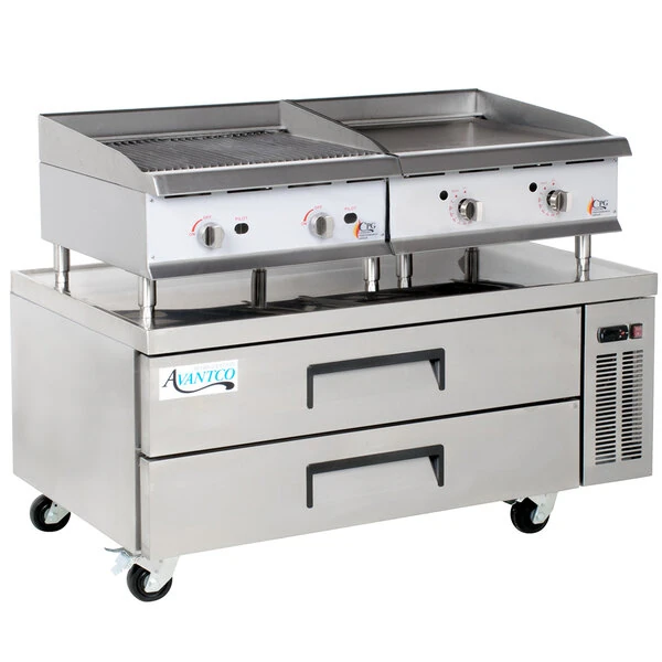 Cooking Performance Group 24GTCLBNL 24 inch Gas Griddle and Gas Lava Briquette Charbroiler with 52 inch, 2 Drawer Refrigerated Chef Base - 140,000 BTU