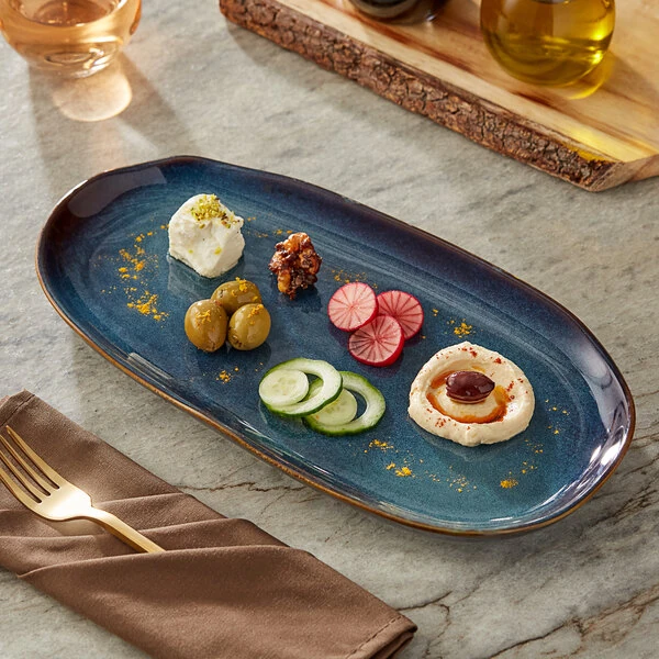 Acopa Highlands 13 inch x 6 3/4 inch Rectangular Skyfall Blue Coupe China Tray - Sample
