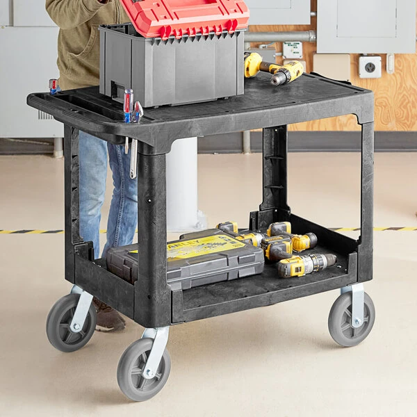 Lavex Large Black 2-Shelf Utility Cart with Flat Top, Built-In Tool Compartment, and Oversized Wheels