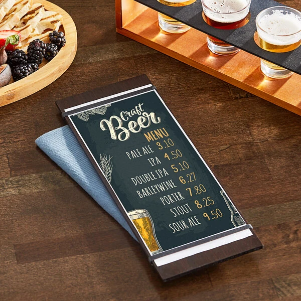 Choice 4 1/2" x 12 1/2" Customizable Dark Wood Color Menu Holder / Presenter with Straps
