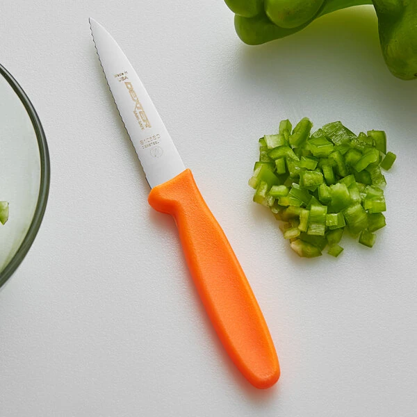 Dexter-Russell 15563 Sani-Safe 3 1/2" Orange Scalloped Net, Twine, and Line Paring Knife