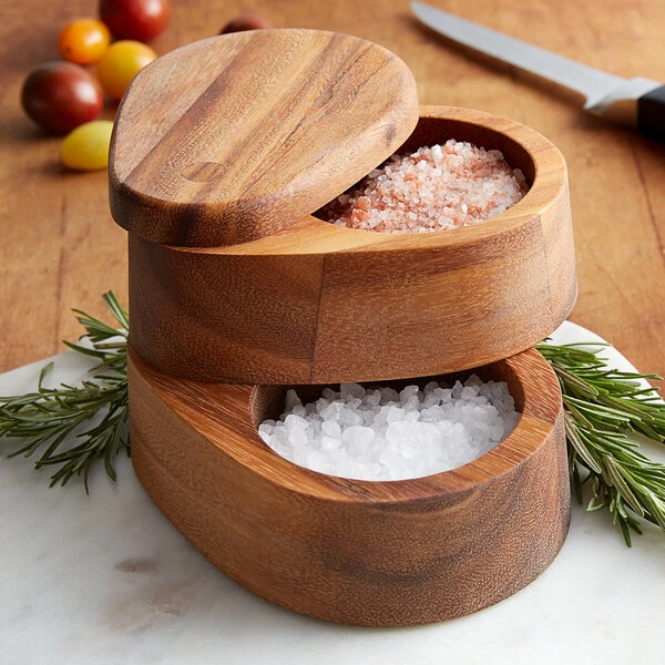 Ironwood 28577 5 5/8" x 4 1/8" x 3 5/8" Acacia Wood Double Layer Swivel Salt Box
