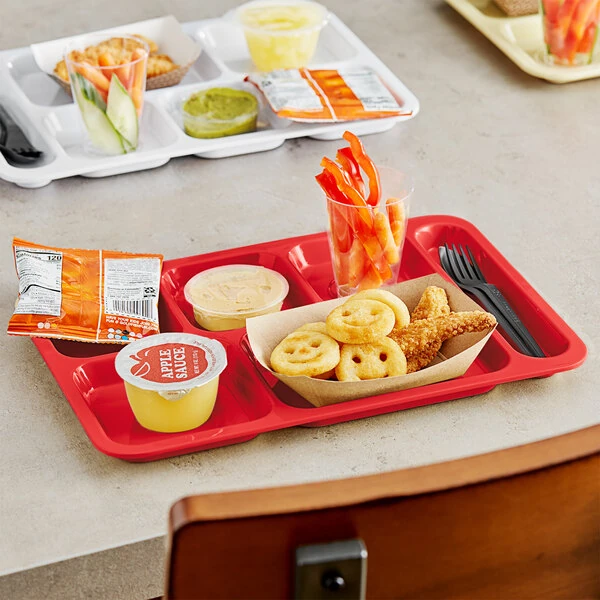 Choice 10" x 14" Right Handed Heavy-Duty Melamine NSF Red 6 Compartment Tray - 12/Pack