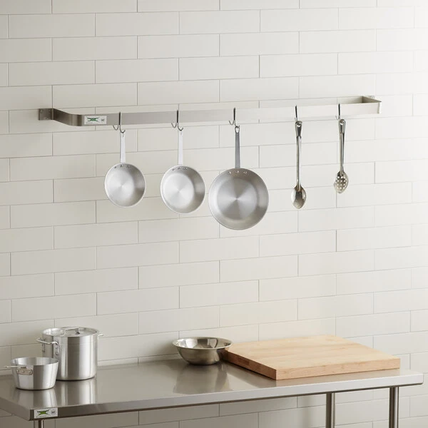 Regency 60" Stainless Steel Wall Mounted Single Line Pot Rack with 5 Double Prong Hooks