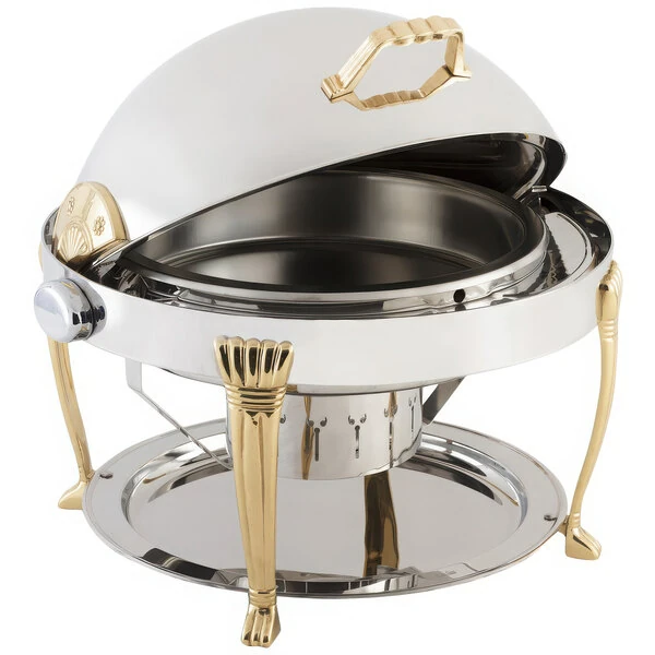 Bon Chef 14009 Elite Round 8 Qt. Dripless Stainless Steel with 24K Gold Accents Roll Top Chafer with Aurora Legs