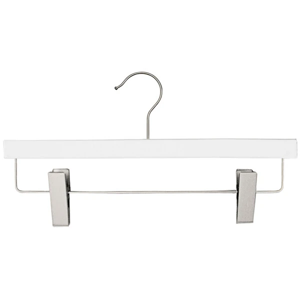 14" White Low Gloss Flat Wooden Skirt / Pant Hanger with Brushed Chrome Hardware - 100/Pack