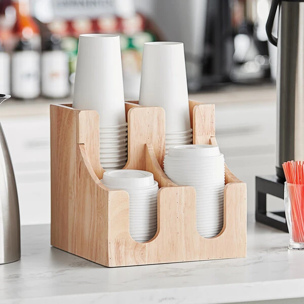 Acopa Wood 4-Section Tiered Cup and Lid Organizer