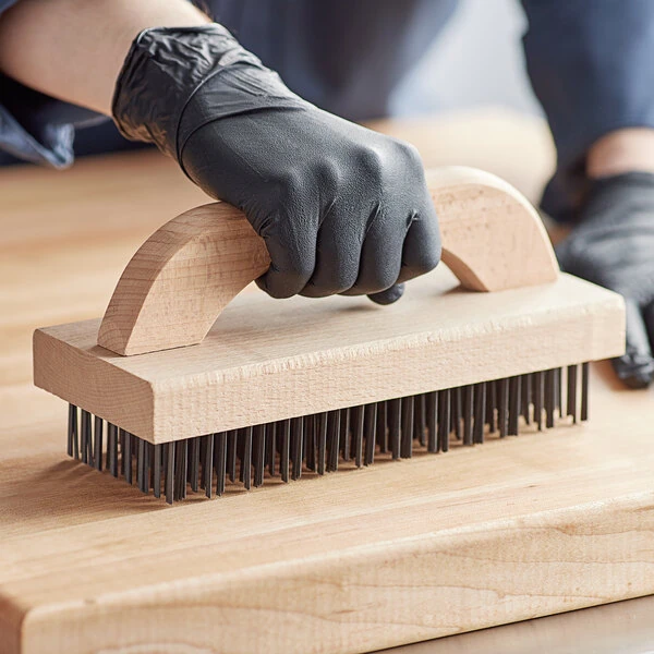 Choice 9 3/8" x 3 3/4" Wooden Butcher Block Brush with Steel Bristles