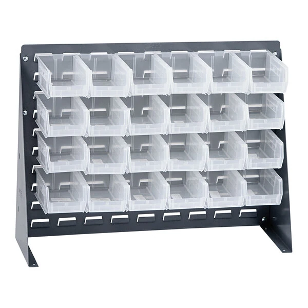 Quantum 27 3/4" x 8" x 21" Gray Steel Bench Rack with (24) 5 3/8" x 4 1/8" x 3" Clear Bins QBR-2721-210-24CL