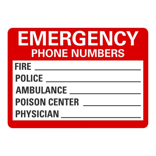 Lavex 10" x 7" Non-Reflective Plastic "Emergency Phone Numbers / Fire / Police / Ambulance / Poison Center / Physician" Sign