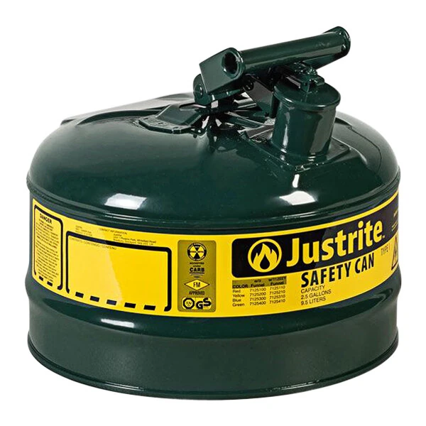 Justrite 2.5 Gallon Type I Green Steel Oil Safety Can with Flame Arrester 7125400