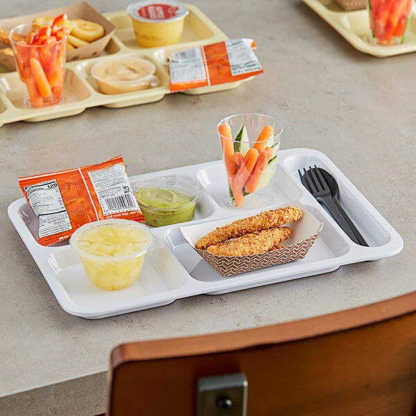 Choice 10" x 14" Right Handed Heavy-Duty Melamine NSF White 6 Compartment Tray - 12/Pack