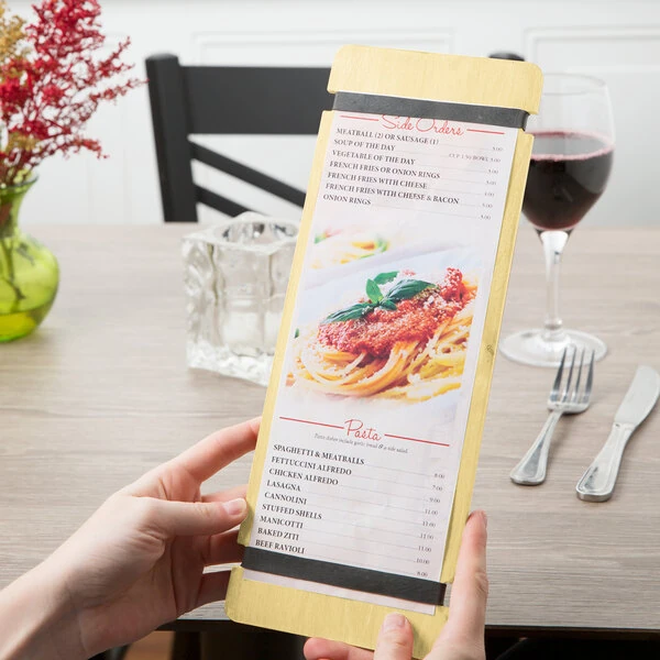 Menu Solutions WDRBB-BA Natural 4 1/4" x 11" Customizable Wood Menu Board with Rubber Band Straps