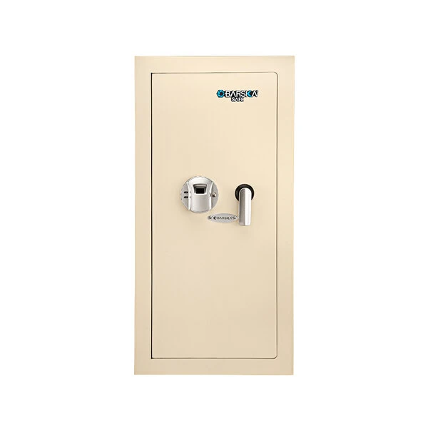 Barska AX12880 15 1/2" x 4" x 31 1/2" Large Cream-Colored Steel Left-Opening Recessed Wall-Mount Biometric Safe / Cabinet with Secondary Key Lock - 0.82 Cu. Ft.
