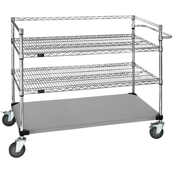Quantum 24" x 48" x 69" Stainless Steel Medical Cart with 2 Wire Shelves and 1 Steel Shelf WRSC3-42-2448FS