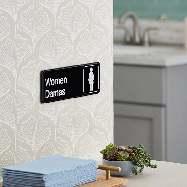Lavex 9" x 3" Black and White "Women's / Damas" Restroom Sign - 6/Case