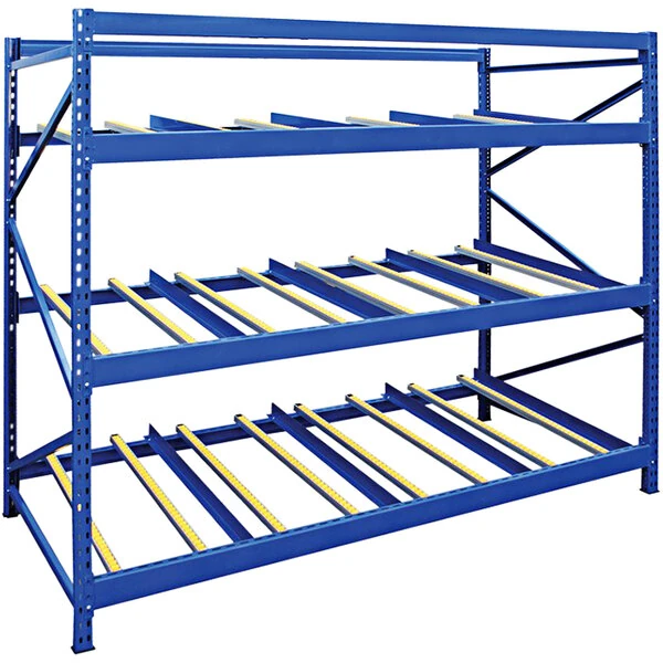 Vestil 36" x 96" x 84" Blue Steel 3-Level Carton Rack with Gravity Rollers FLOW-3-3