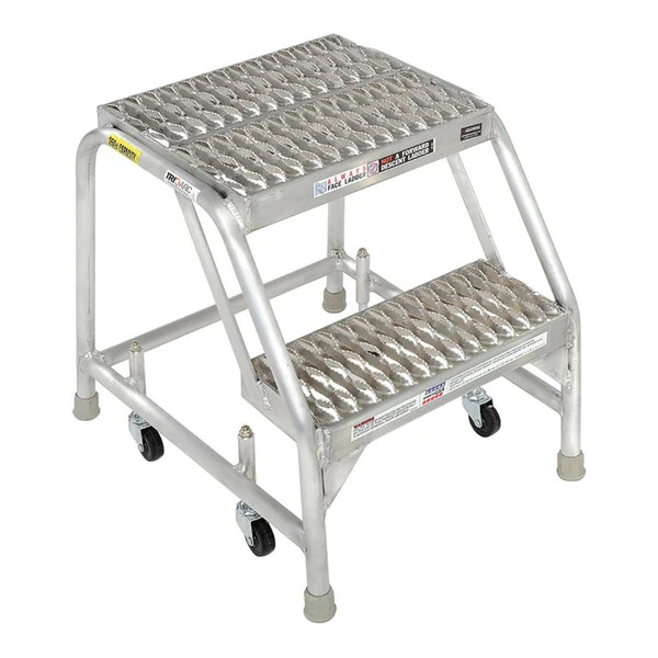 Tri-Arc 2-Step Aluminum Mobile Step Stool with Serrated Tread, 16" Wide Steps, and 14" Deep Top Step WLAR002165 - 350 lb. Capacity