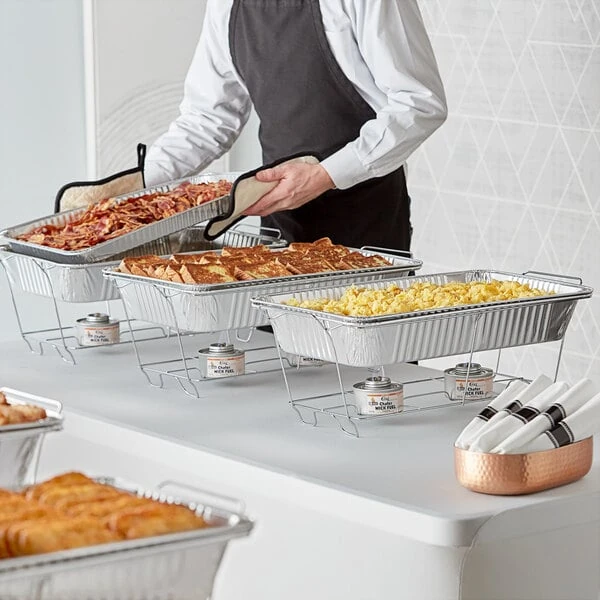 Choice 30 Piece Full Size Disposable Chafer Dish Kit with (6) Wire Stands, (6) Deep Pans, (6) Shallow Pans, and (12) 4 Hour Wick Fuels