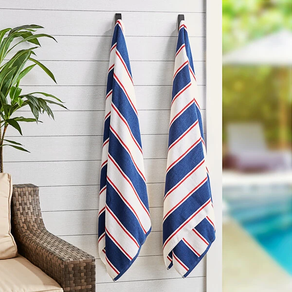 Hospeco Aston & Arden 35" x 70" Navy / Red Stripes Ring-Spun 100% Cotton Pool Towel - 25 lb.