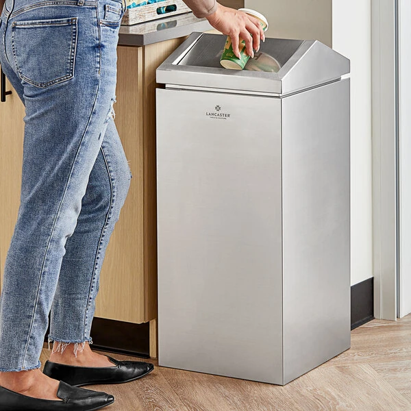 Lancaster Table & Seating 14 Gallon Stainless Steel Square Decorative Trash Can with Push Door Swing Lid
