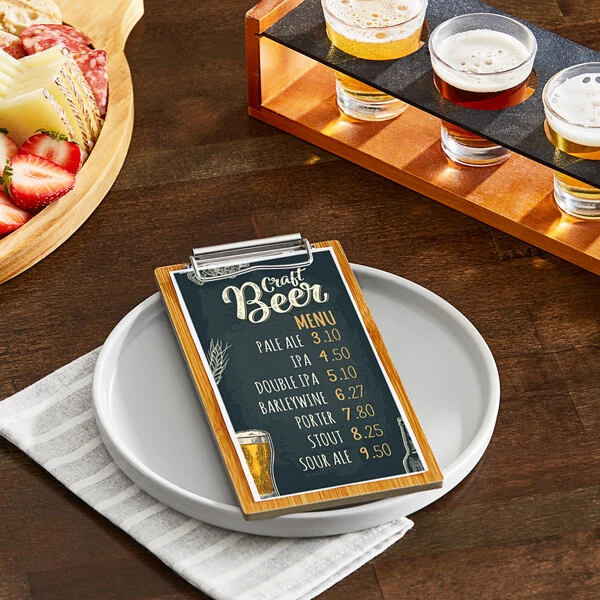 Choice 4" x 8" Customizable Natural Wood Color Menu Holder / Check Presenter with Clip