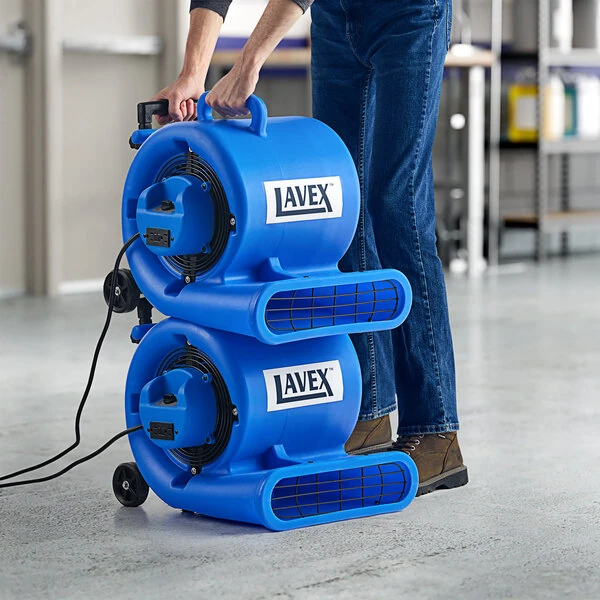 Lavex 2-Piece Compact 3-Speed Air Mover Set with Telescoping Handle, Wheels, and GFCI Power Outlets - 3/4 hp, 1,400 CFM