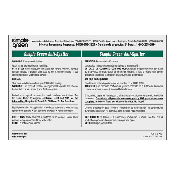 Simple Green 9510001000014 Anti-Spatter Solution Bilingual Secondary Bottle Label - 10/Pack
