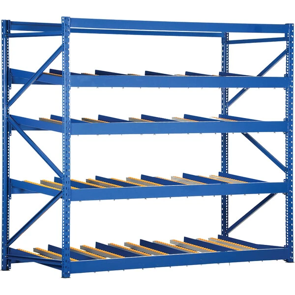 Vestil 36" x 96" x 84" Blue Steel 4-Level Carton Rack with Gravity Rollers FLOW-3-4