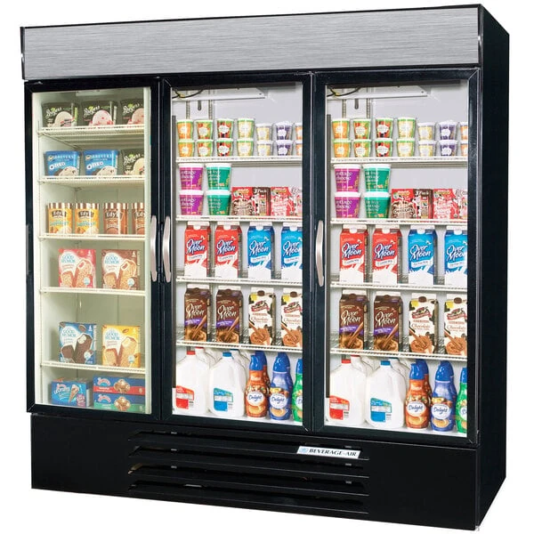 Beverage-Air MMRF72HC-1-BW MarketMax 75" Black Three Section Glass Door Dual Temperature Merchandiser - Configuration F
