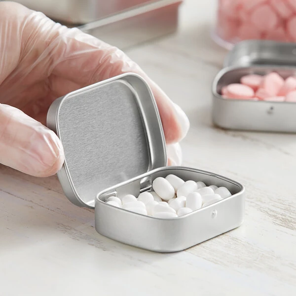 2 3/8" x 1 13/16" x 11/16" Silver Rectangular Tin with Hinged Lid - 384/Case