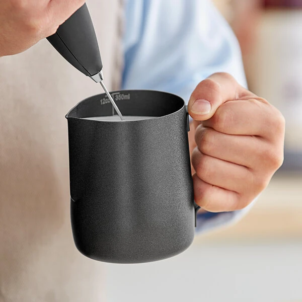 Acopa 12 oz. Black Frothing Pitcher with Measuring Lines