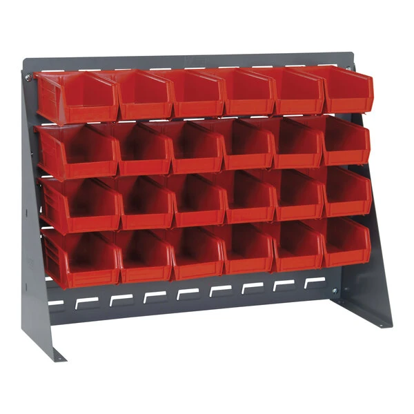 Quantum 27 3/4" x 8" x 21" Gray Steel Bench Rack with (24) 5 3/8" x 4 1/8" x 3" Red Bins QBR-2721-210-24RD