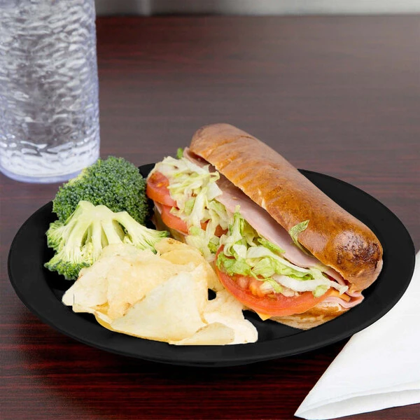 Cambro 93CW110 Camwear® 3 Compartment 9 inch Black Polycarbonate Narrow Rim Plate - 48/Case