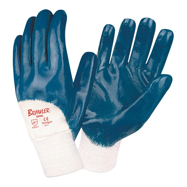 Cordova Brawler Smooth Supported Nitrile Food-Safe Gloves with Jersey Lining, Sanitized Treatment, and Knit Wrist - Large - Pair - 12/Pack