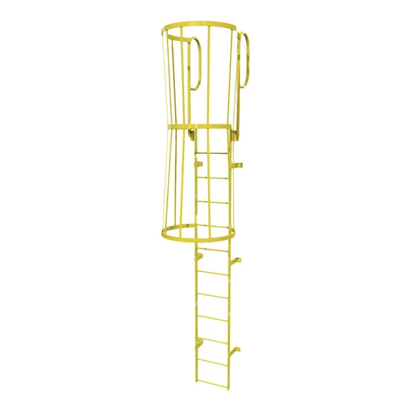 Tri-Arc 12-Rung Yellow Steel Fixed Ladder with Safety Cage and Walk-Thru Guardrails WLFC1212-Y - 350 lb. Capacity