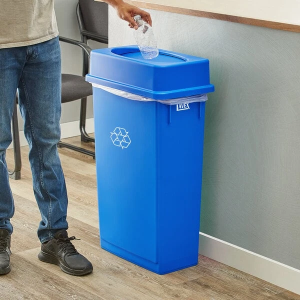 Lavex 23 Gallon Blue Slim Rectangular Recycling Can and Blue Drop Shot Lid
