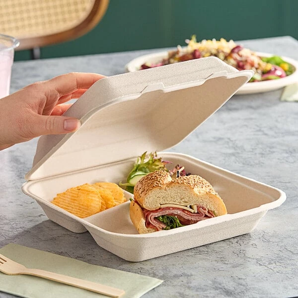 Dart 9" x 9" 3-Compartment Compostable Fiber Hinged Take-Out Container - 200/Case