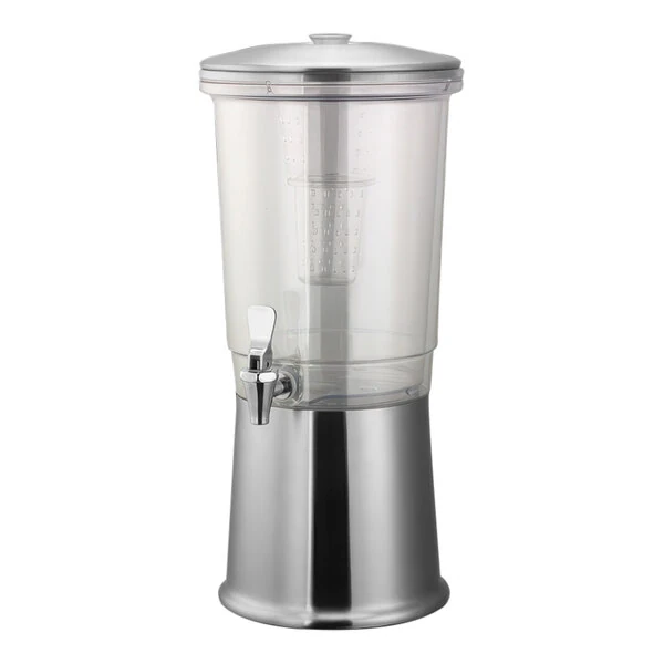 Service Ideas Elite 3 Gallon Round Brushed Stainless Steel and Tritan™ Plastic Double-Wall Cold Beverage Dispenser with Infuser Tube CBDDW3GSS