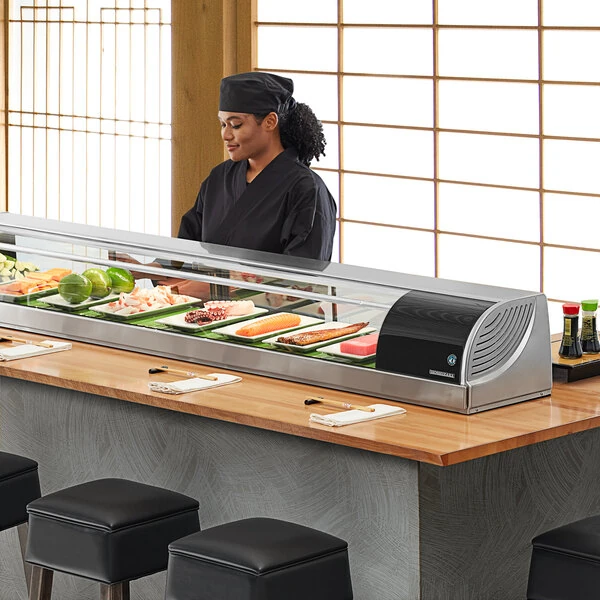 Hoshizaki HNC-210BA-R-SLH Curved Glass Refrigerated Sushi Display Case 83" - Right Side Compressor