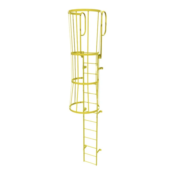 Tri-Arc 13-Rung Yellow Steel Fixed Ladder with Safety Cage and Walk-Thru Guardrails WLFC1213-Y - 350 lb. Capacity