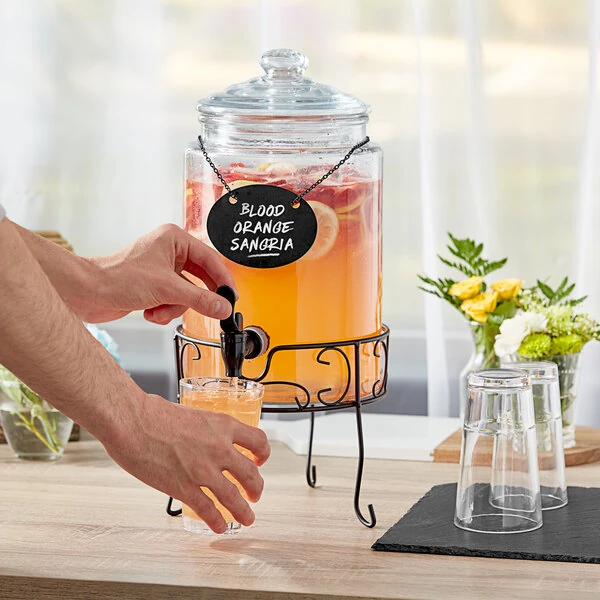 Acopa 1.75 Gallon Glass Beverage Dispenser with Chalkboard Sign and Metal Stand