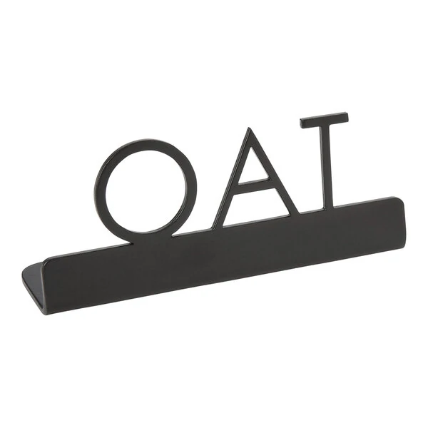 American Metalcraft SBO3 3" x 3/4" x 1 1/4" Black Stainless Steel Laser-Cut Tabletop Sign with "Oat" Print