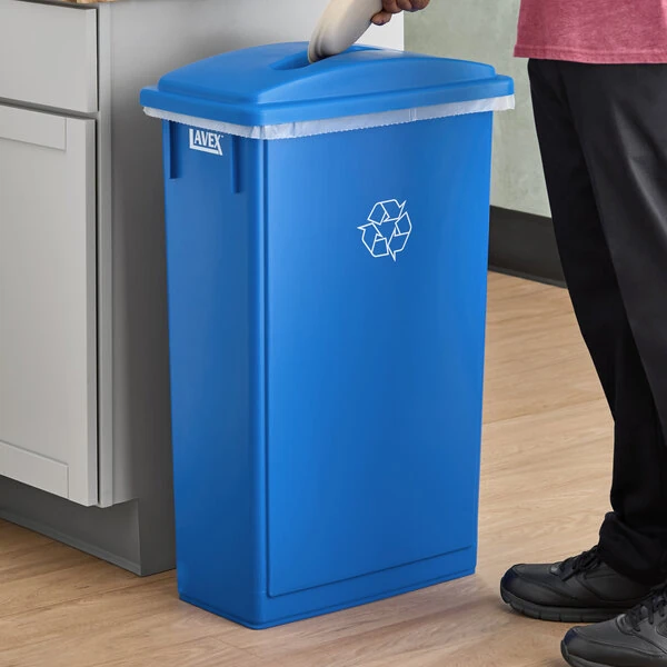 Lavex 23 Gallon Blue Slim Rectangular Recycling Can and Blue Lid with Slot