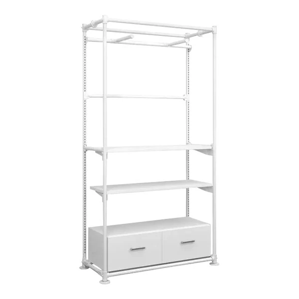 Econoco Pipeline 48" x 20" x 95 3/8" Gloss White Metal Freestanding Merchandising Unit with Faceout Garment Bars, 2 Shelves, and 2 Drawers